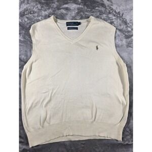 Polo Ralph Lauren Mens Large Cream, Bronze Pony Pima Cotton V-Neck Sweater Vest